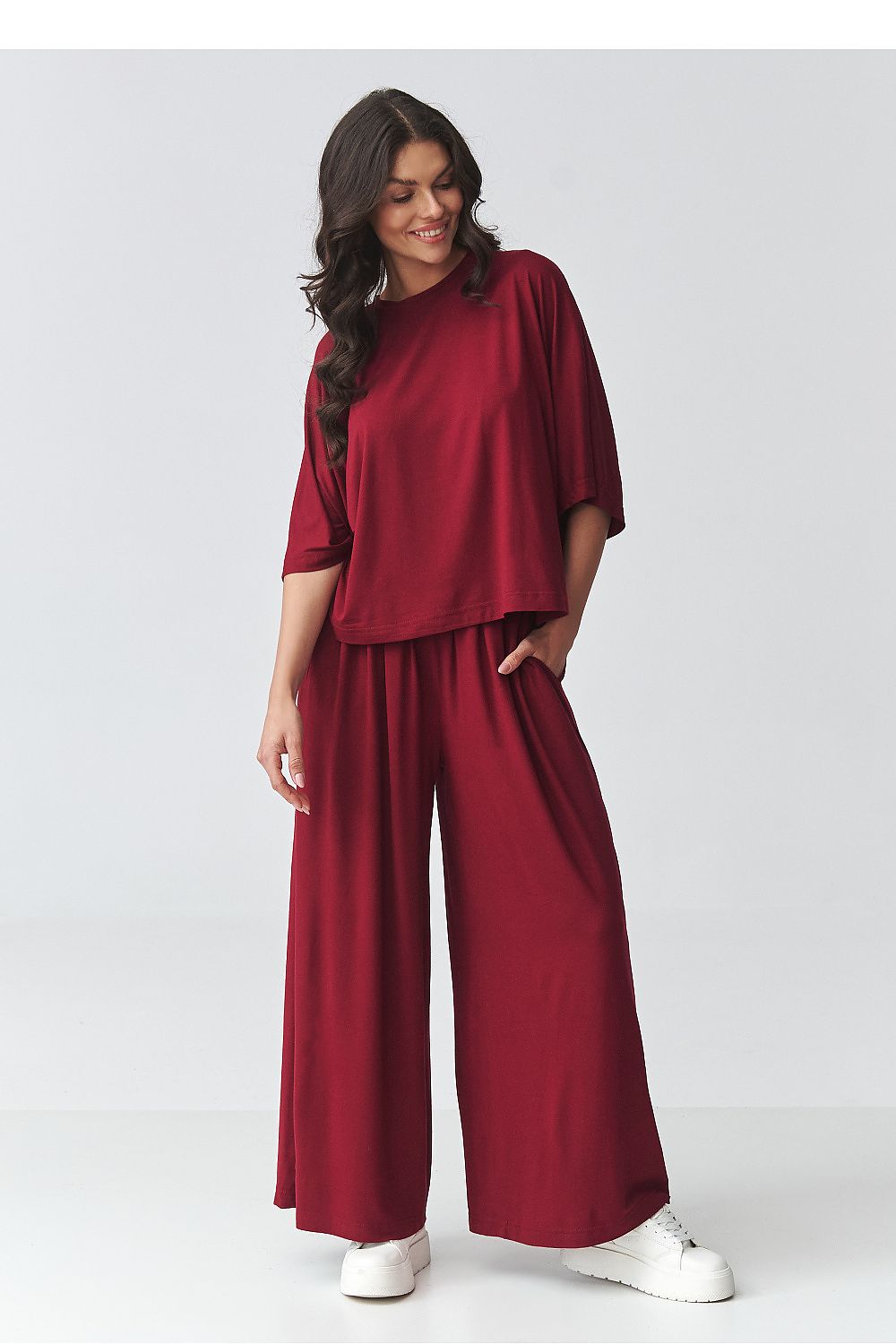 Makadamia Loose-fitting blouse and wide-leg trousers outfit set in rich burgundy for stylish comfort