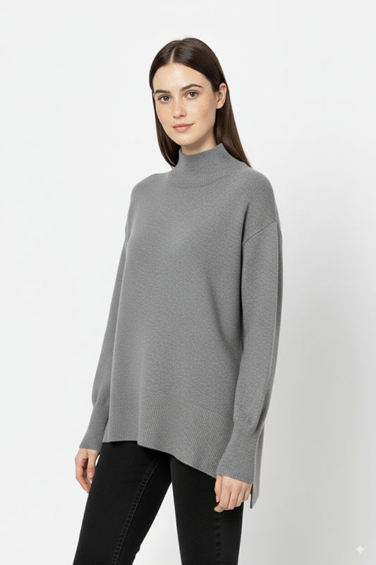 Loose gray sweater with open back detail -