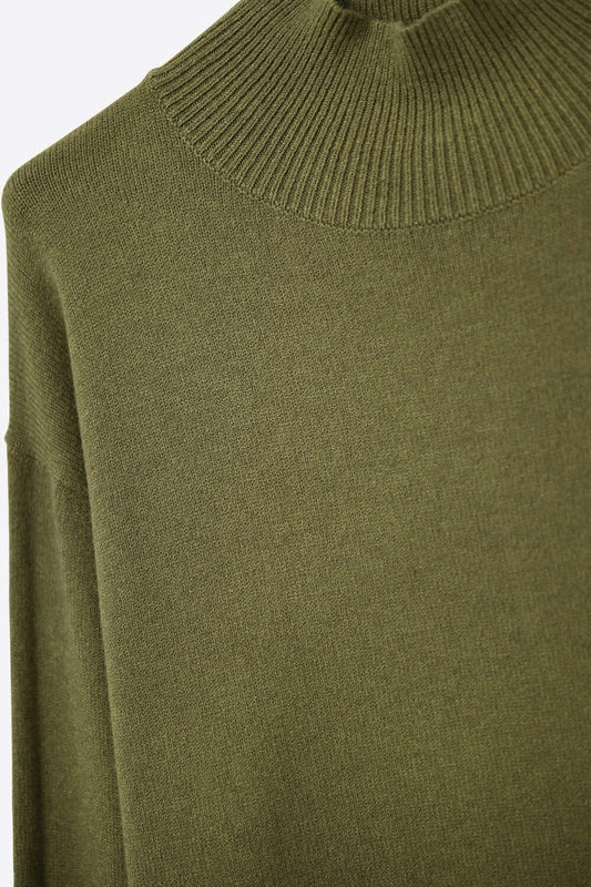 Loose military green sweater with open back detail -