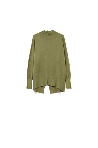Loose military green sweater with open back detail