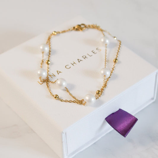 Mari Double Chain Pearl Anklet | 18k Gold Plated - Anklet