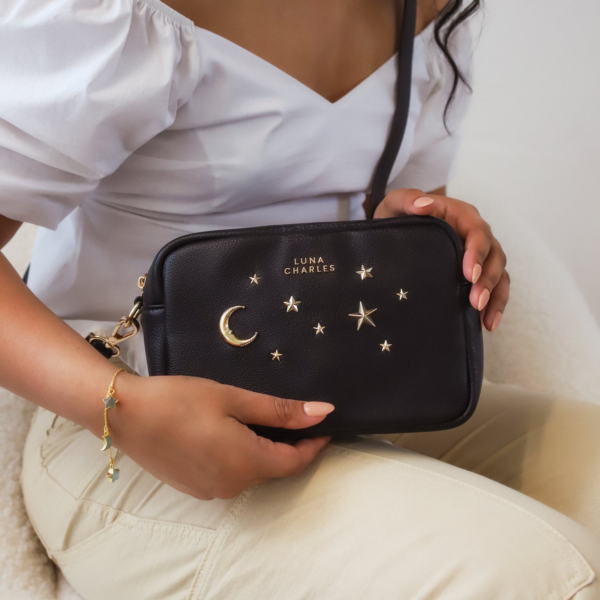 Maya Star Studded Crossbody Bag - Black & Gold - Bags
