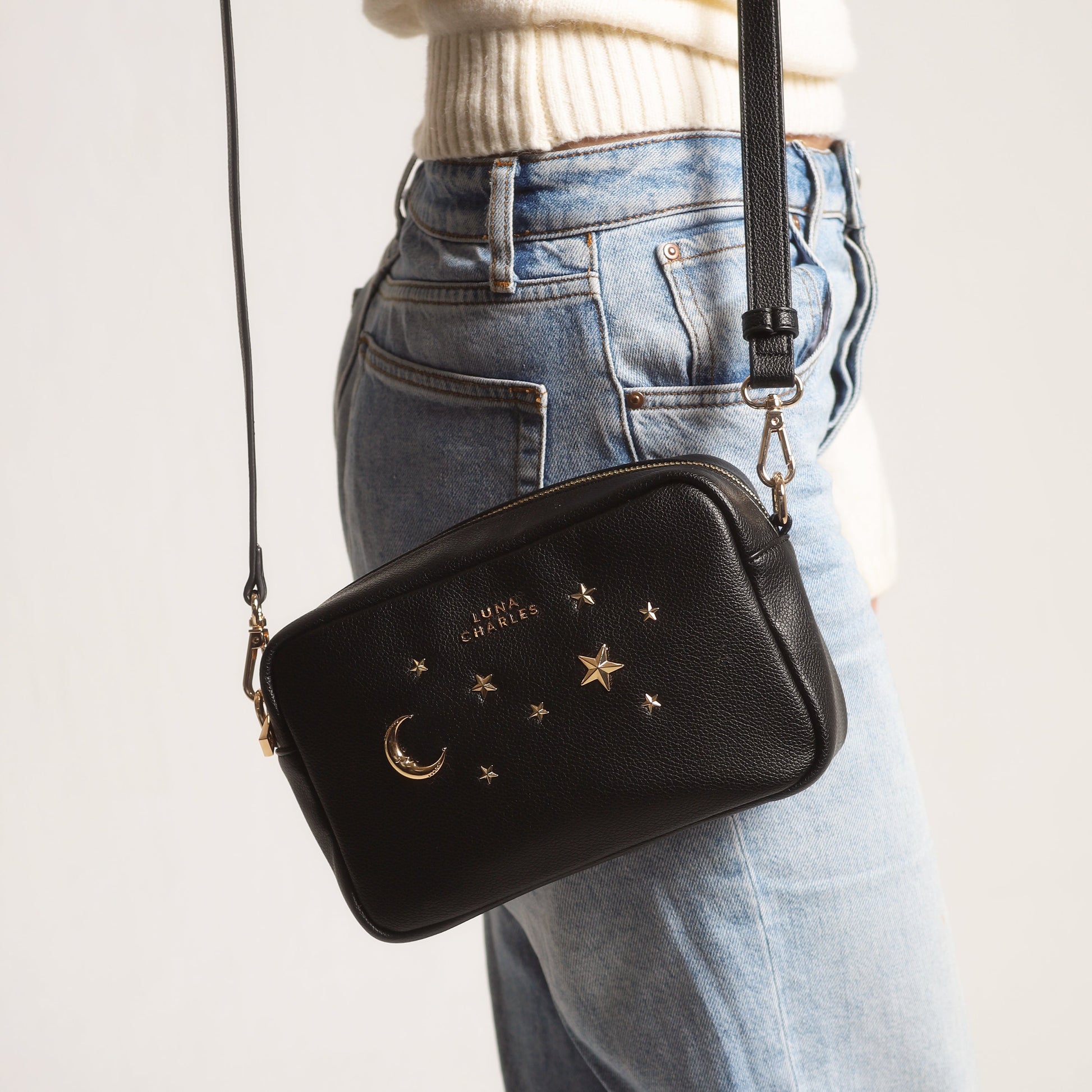 Maya Star Studded Crossbody Bag - Black & Gold - Bags