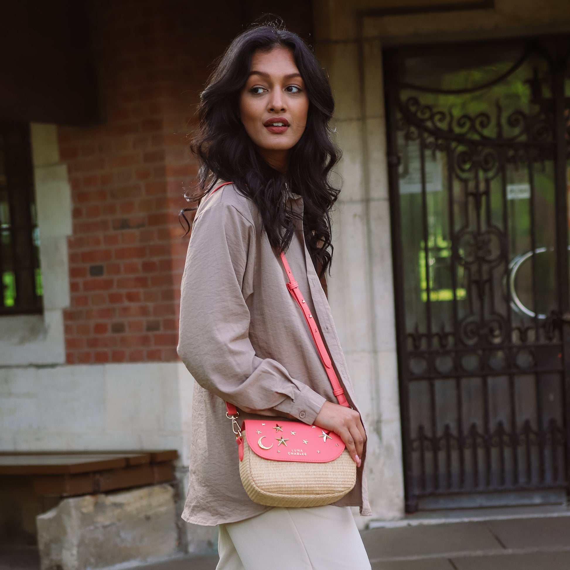 Elena Star Studded Rattan Handbag - Coral & Gold - Bags