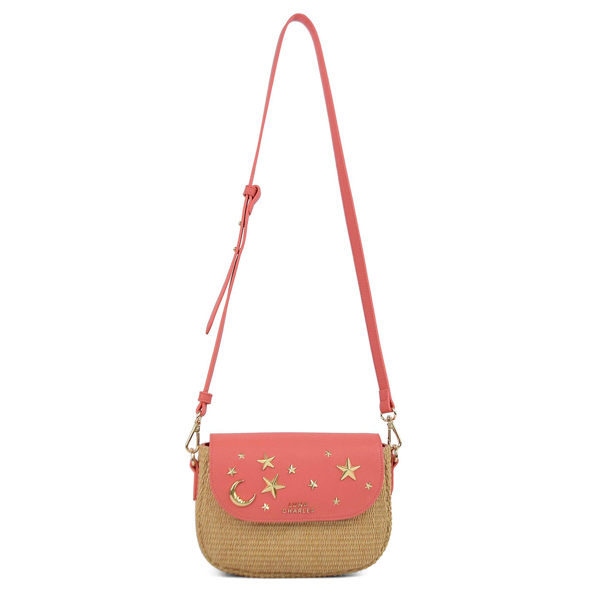 Elena Star Studded Rattan Handbag - Coral & Gold - Bags