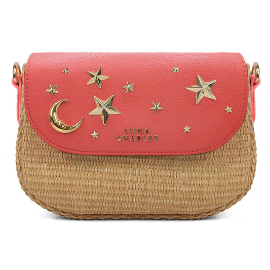 Elena Star Studded Rattan Handbag - Coral & Gold - Bags