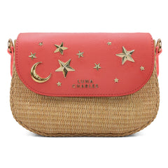 Sac à main en rotin clouté Elena Star - Corail et or 