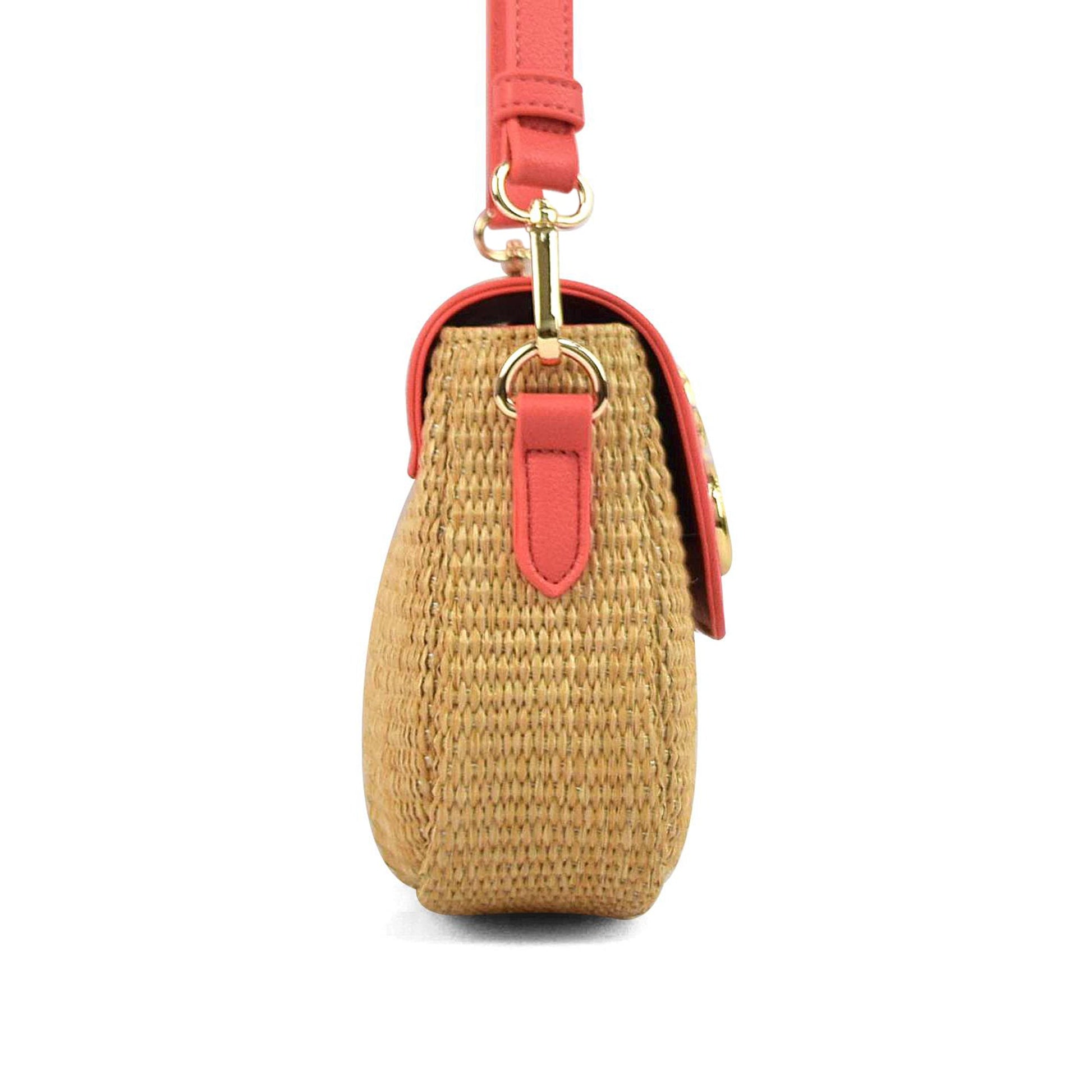 Elena Star Studded Rattan Handbag - Coral & Gold - Bags