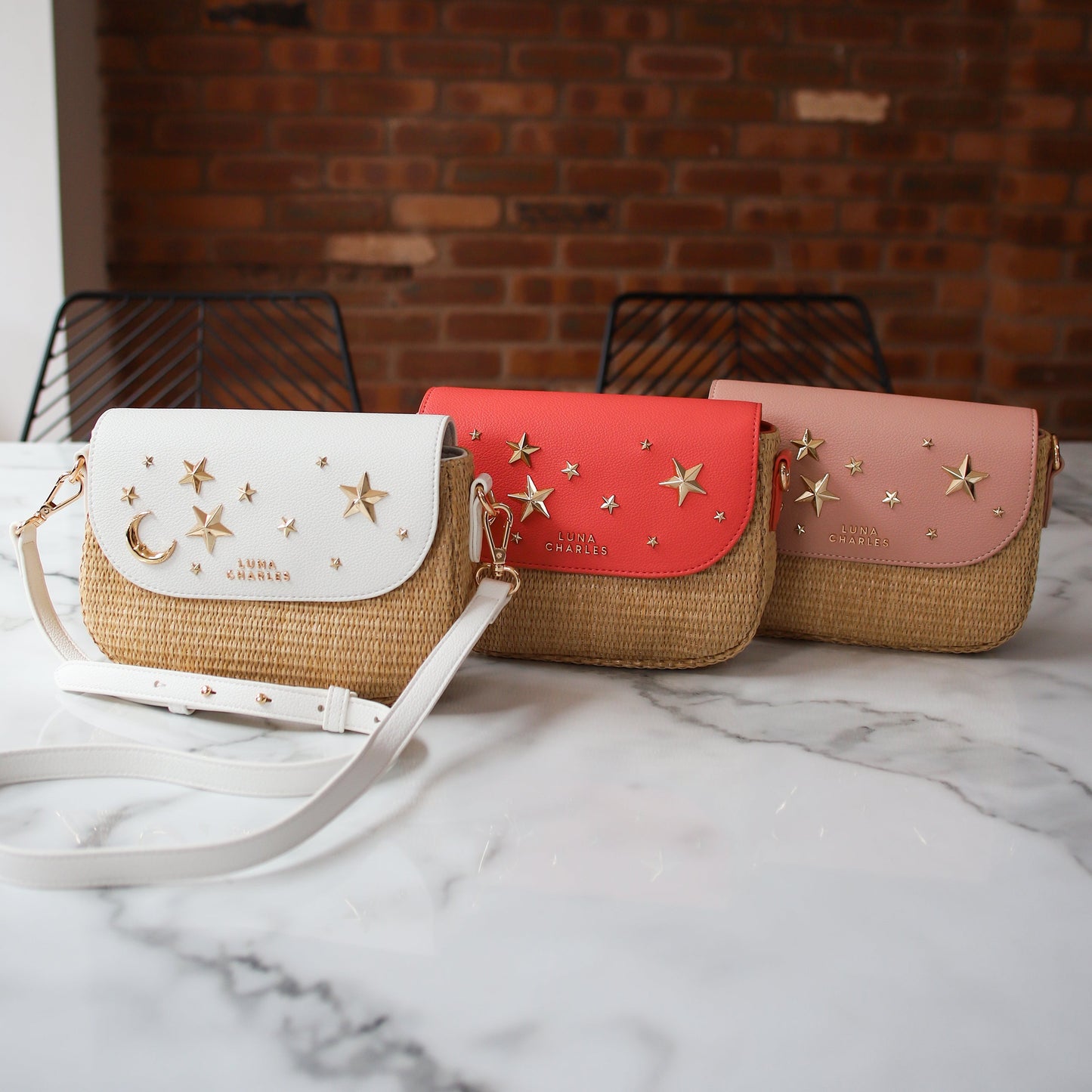 Elena Star Studded Rattan Handbag - Coral & Gold - Bags