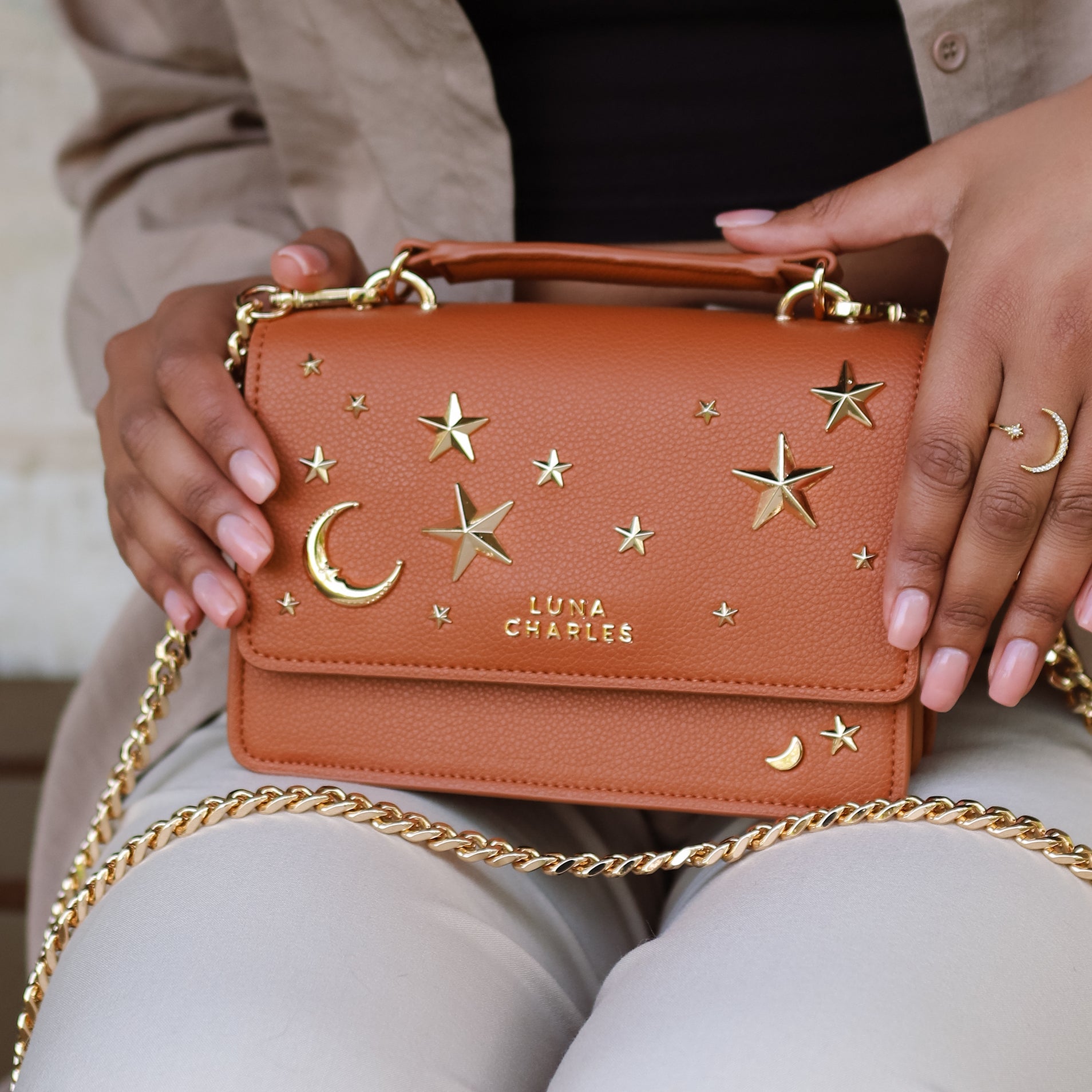Nova Star Studded Handbag - Tan & Gold - Bags