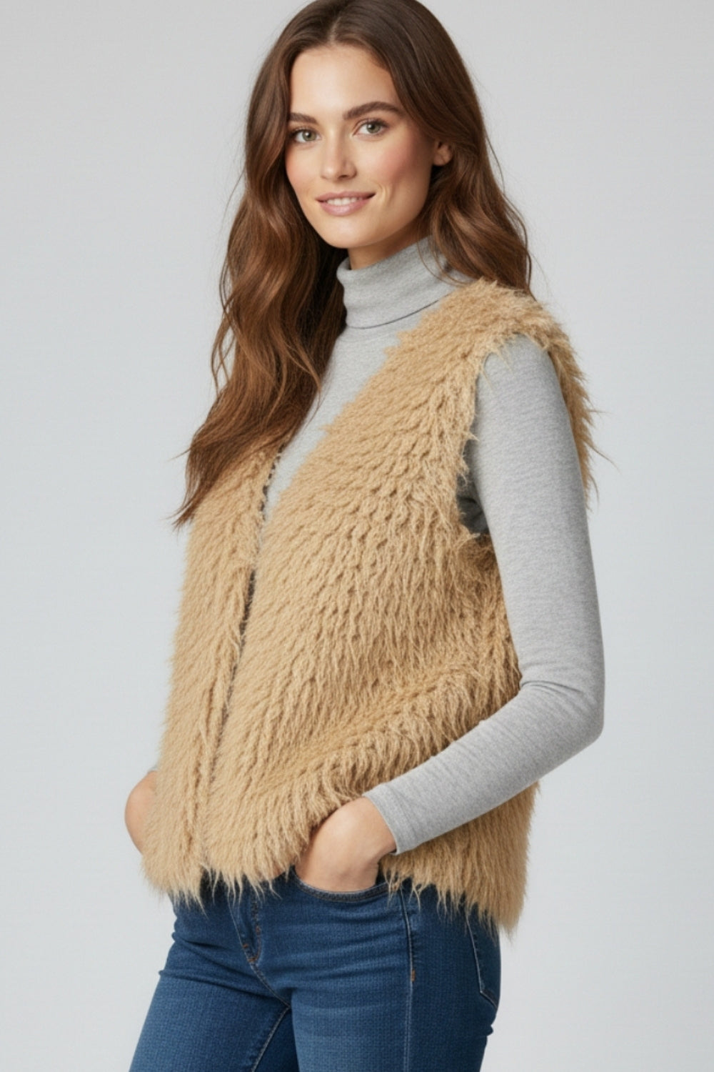Luxurious vest with beige long-haired texture -