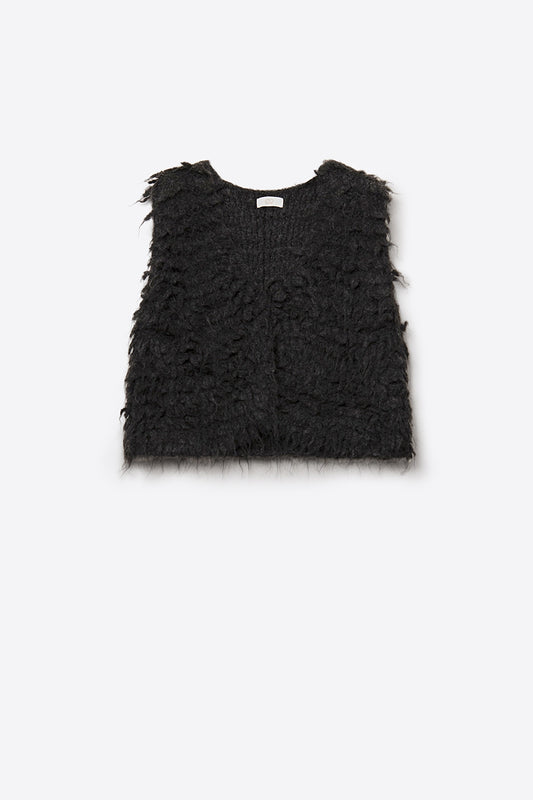 Luxurious vest with black long-haired texture -