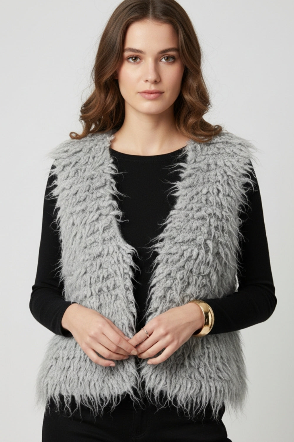 Luxurious vest with grey long-haired texture -