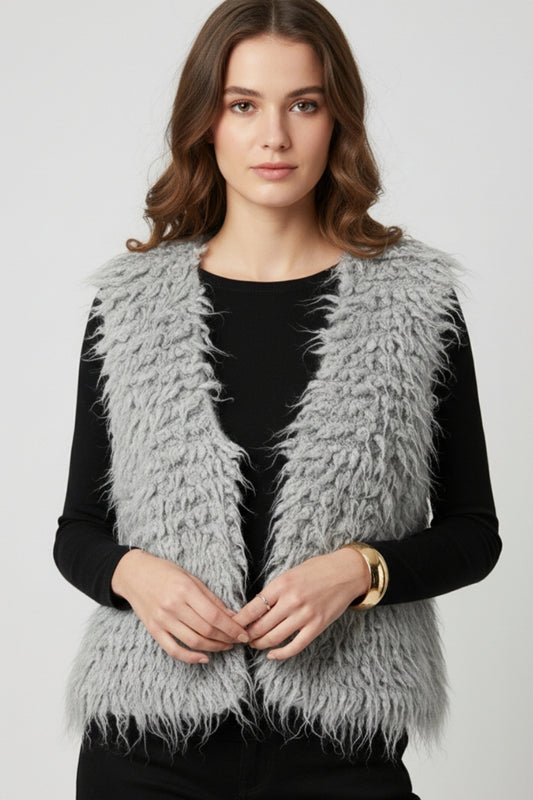 Luxurious vest with grey long-haired texture -