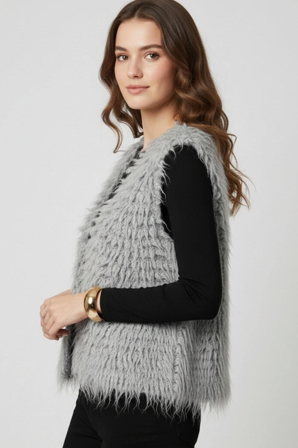 Luxurious vest with grey long-haired texture -