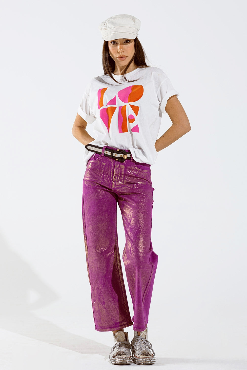 Magenta Wide Leg Jeans With Metallic Finish In Gold - Jeans