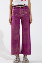 Jeans Magenta Wide Leg com Acabamento Metálico em Dourado