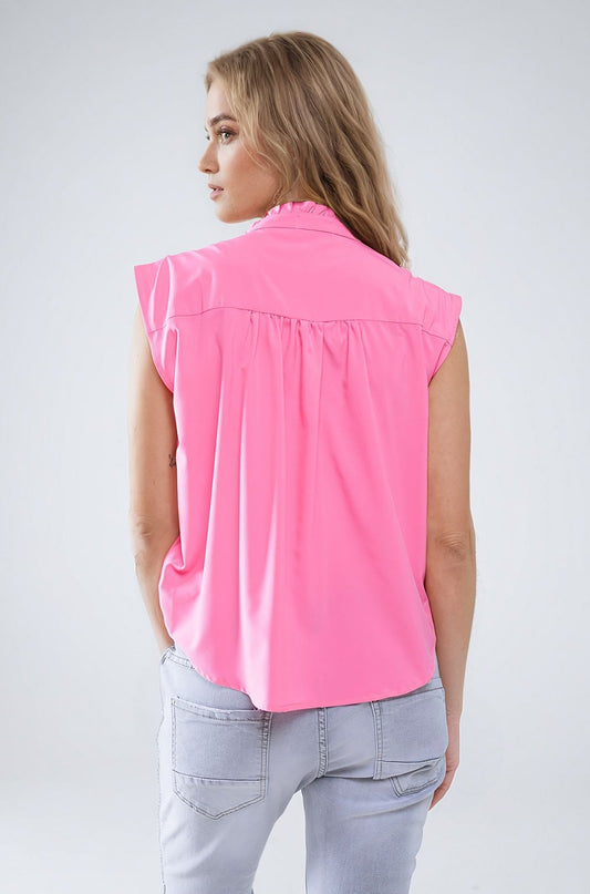 Mao Collar Sleeveless Pink Button up Blouse - Blouses