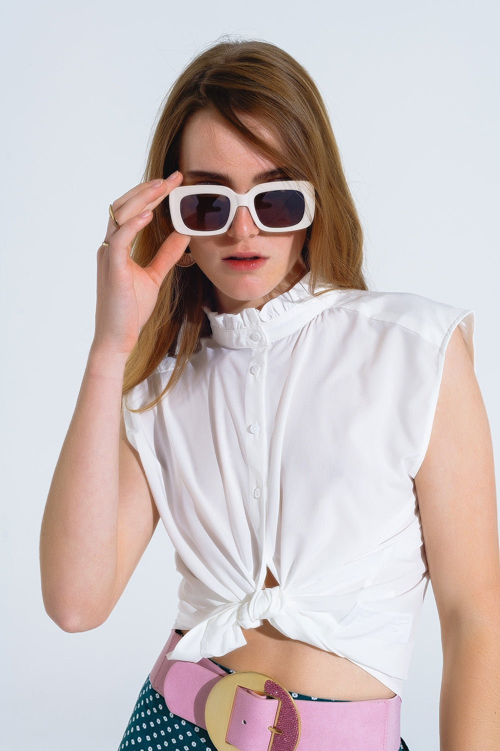 Mao Collar Sleeveless White Button up Blouse - Blouses