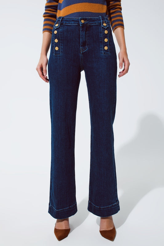 Marine Flare Jeans With Button Detailing in Mid wash - Jeans