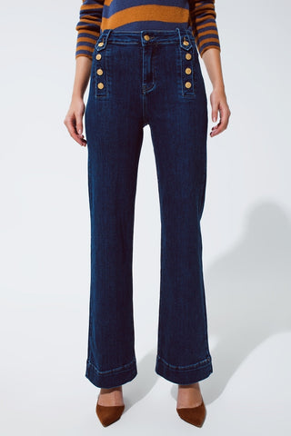 Marine Flare Jeans With Button Detailing in Mid wash