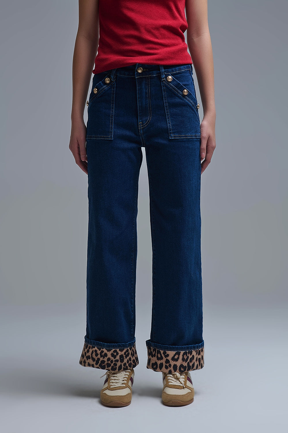 Marine Style Jeans With Contrasting Leopard Folded Hem - Jeans