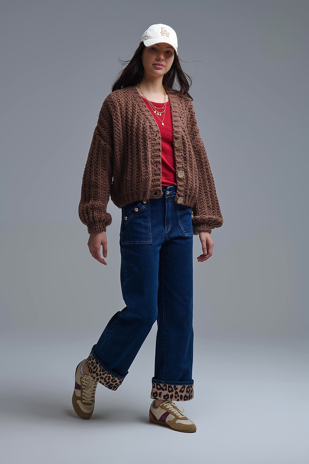 Marine Style Jeans With Contrasting Leopard Folded Hem - Jeans