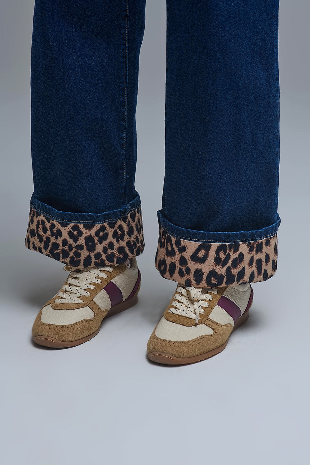 Marine Style Jeans With Contrasting Leopard Folded Hem - Jeans