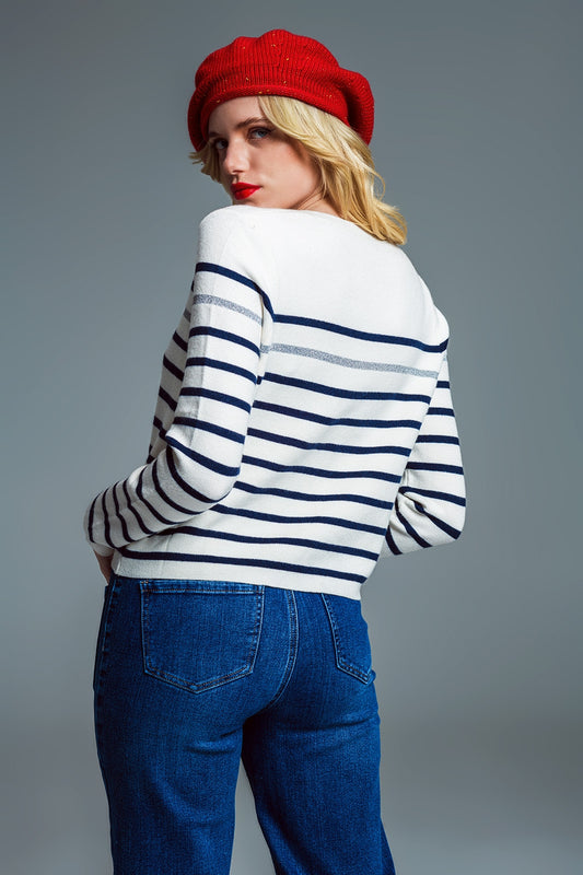 Marine Style Stripey Sweater With Button Detail At Shoulder - Jumpers