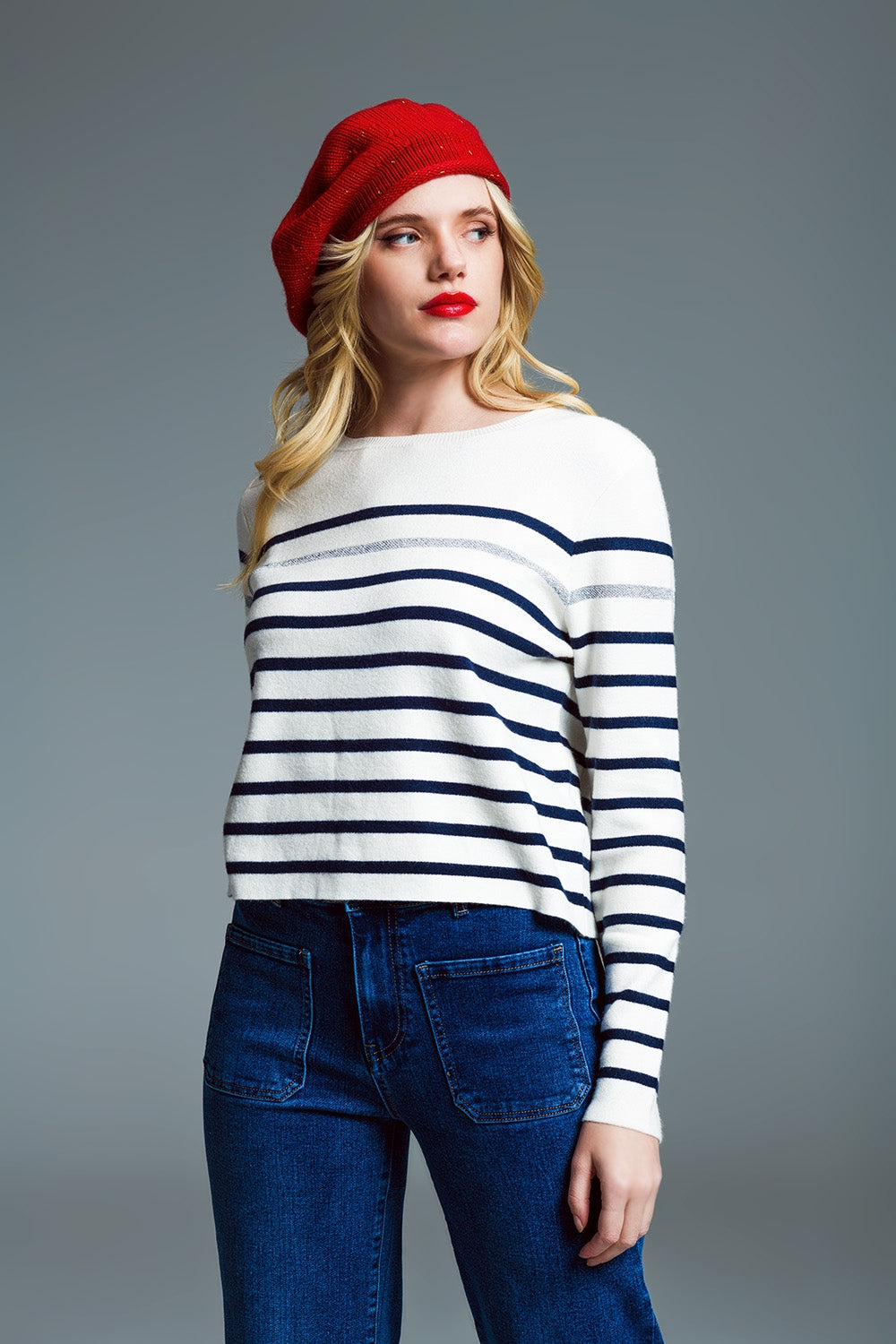 Marine Style Stripey Sweater With Button Detail At Shoulder - Jumpers