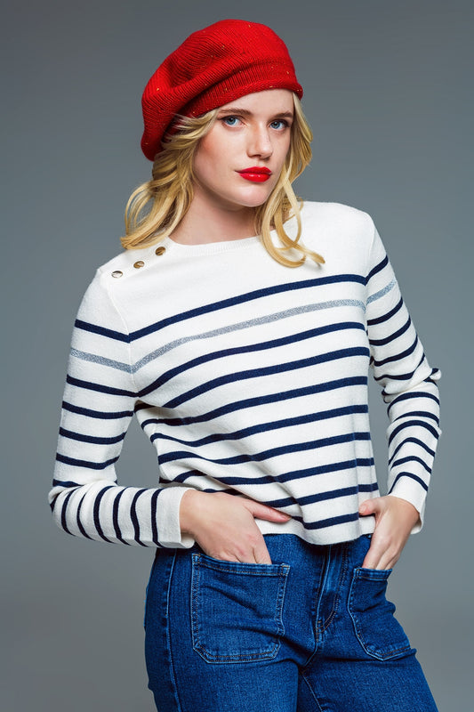 Marine Style Stripey Sweater With Button Detail At Shoulder - Jumpers