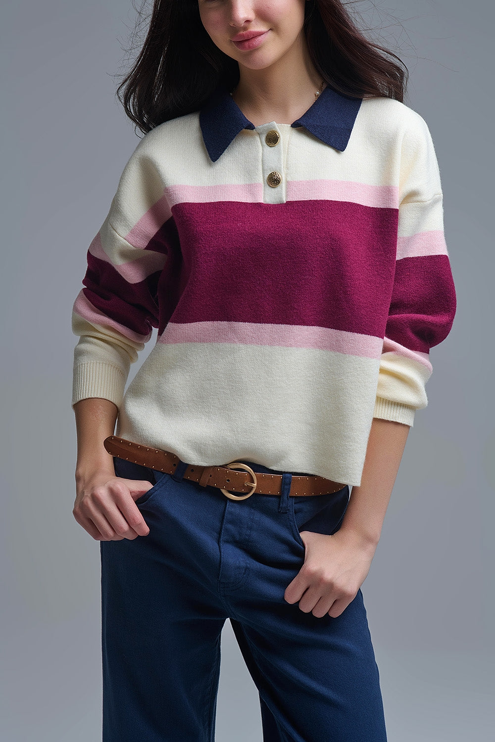 Maroon Striped Knit Sweater with Button Details - Sweaters