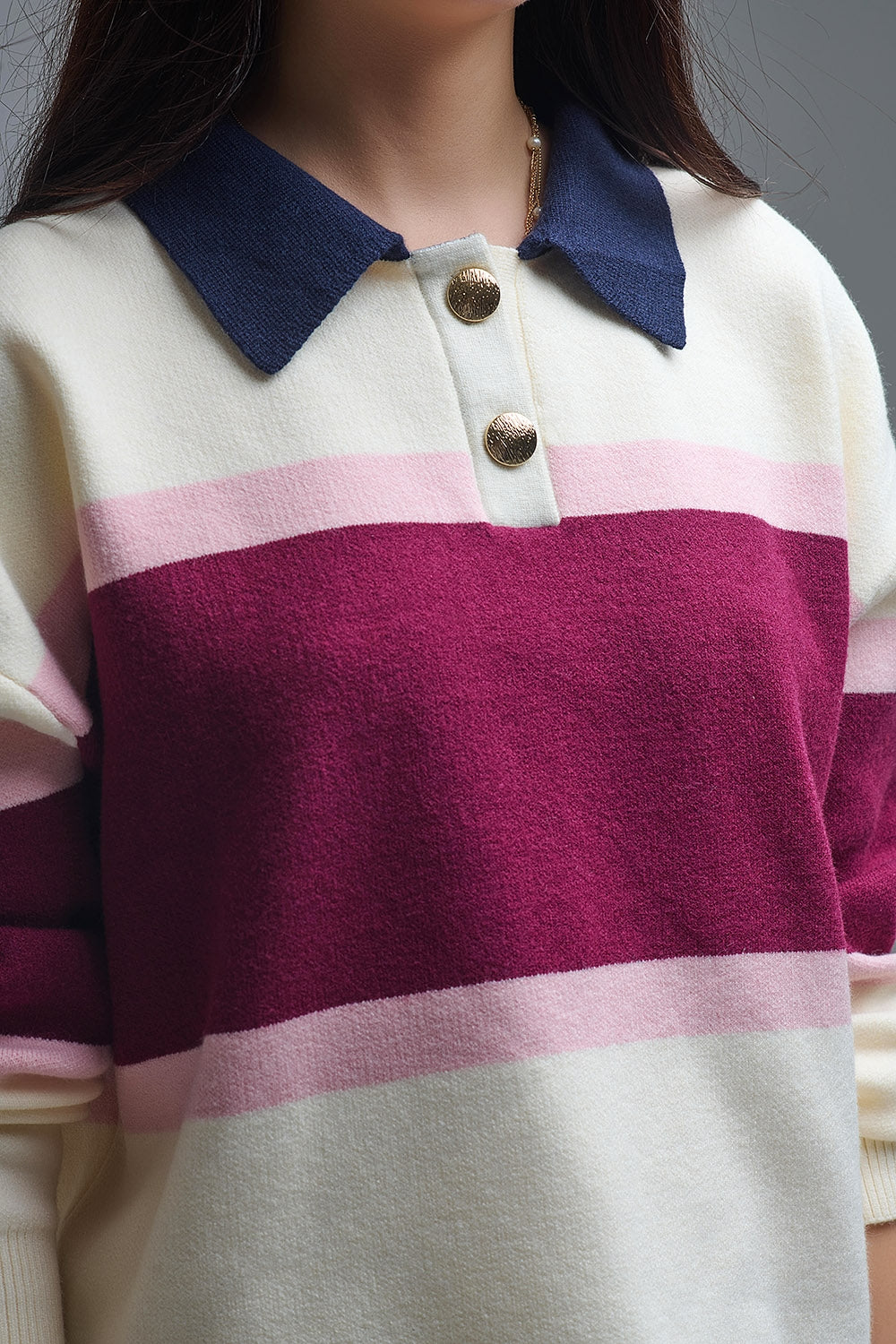 Maroon Striped Knit Sweater with Button Details - Sweaters