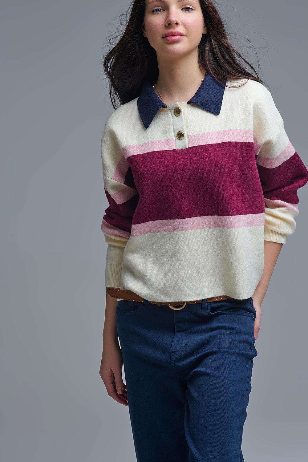 Maroon Striped Knit Sweater with Button Details - Sweaters