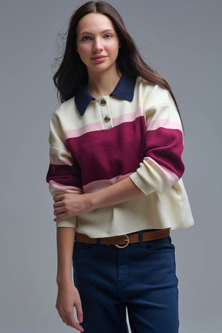 Maroon Striped Knit Sweater with Button Details