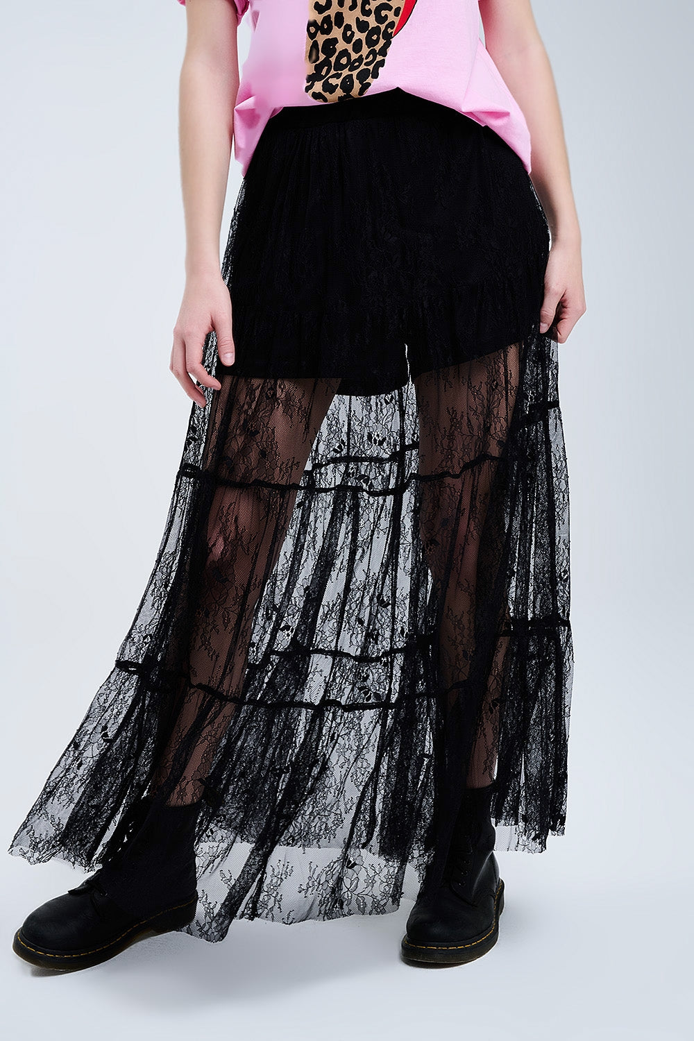 Maxi Black Lace Skirt with Floral Print - Skirts