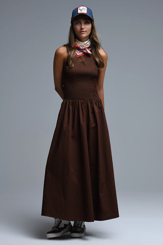 Robe longue en popeline à smocks marron