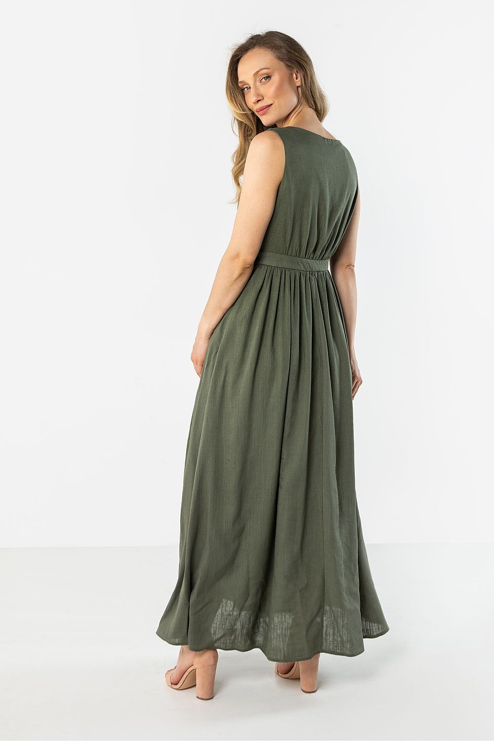 Awama Olive Green Maxi Daydress with a Flattering Waist Tie and Flowing Skirt