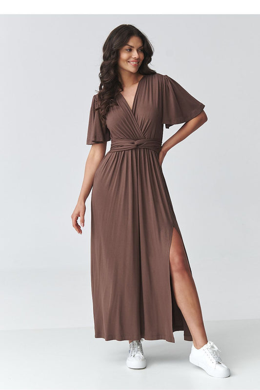 Makadamia Brown Maxi Dress with Flowy Sleeves and Side Slit for Stylish Comfort