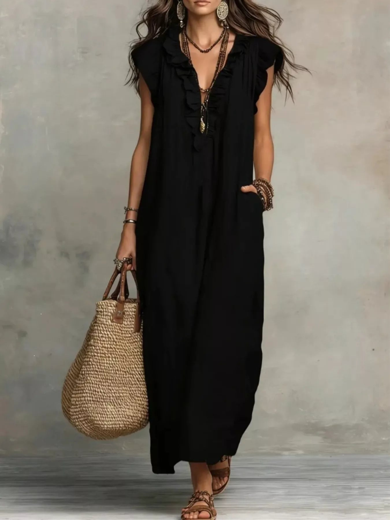 Full Size Ruffled V-Neck Cap Sleeve Maxi Dress Plus Size Black - Dresses