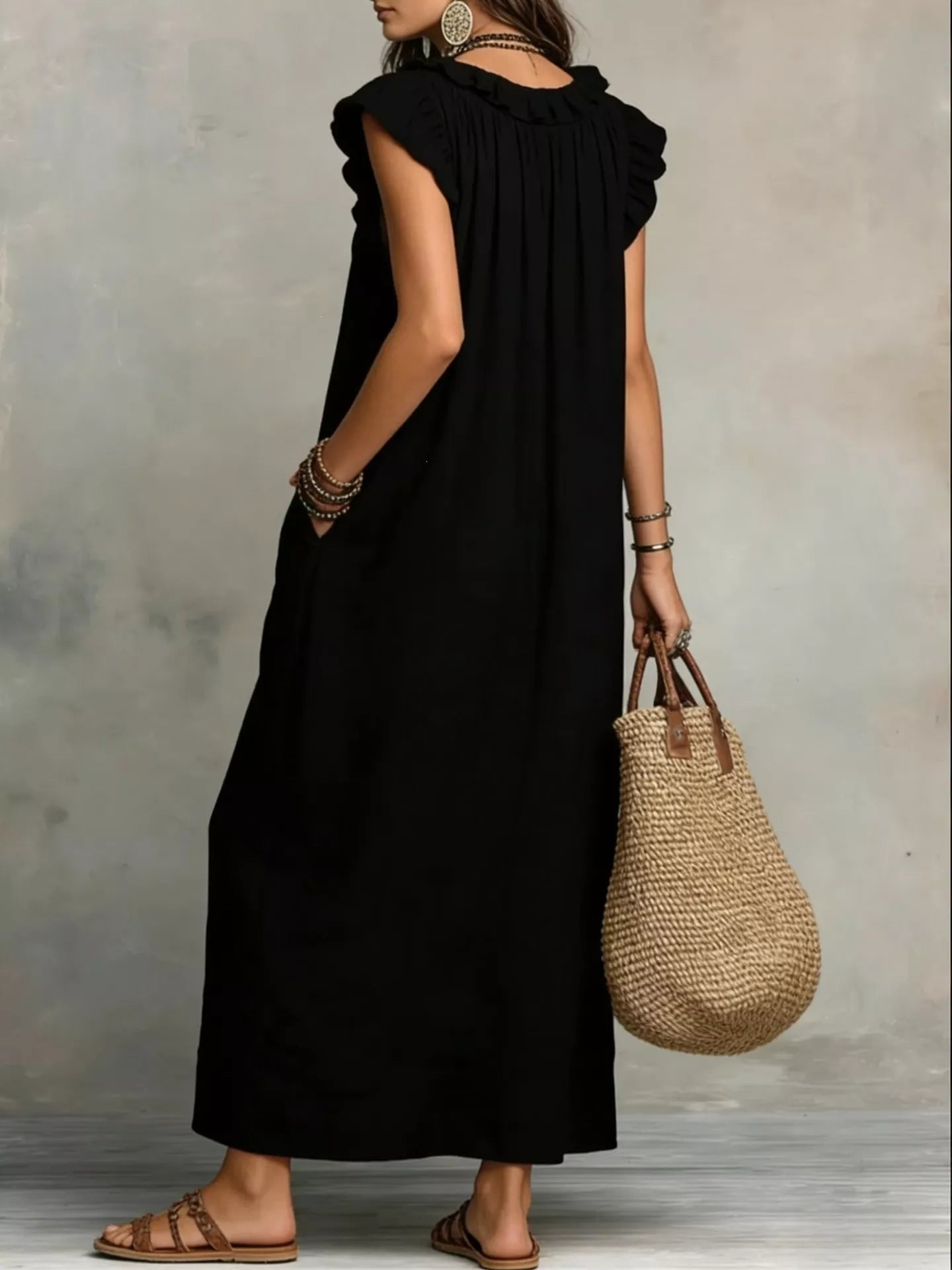 Full Size Ruffled V-Neck Cap Sleeve Maxi Dress Plus Size - Dresses