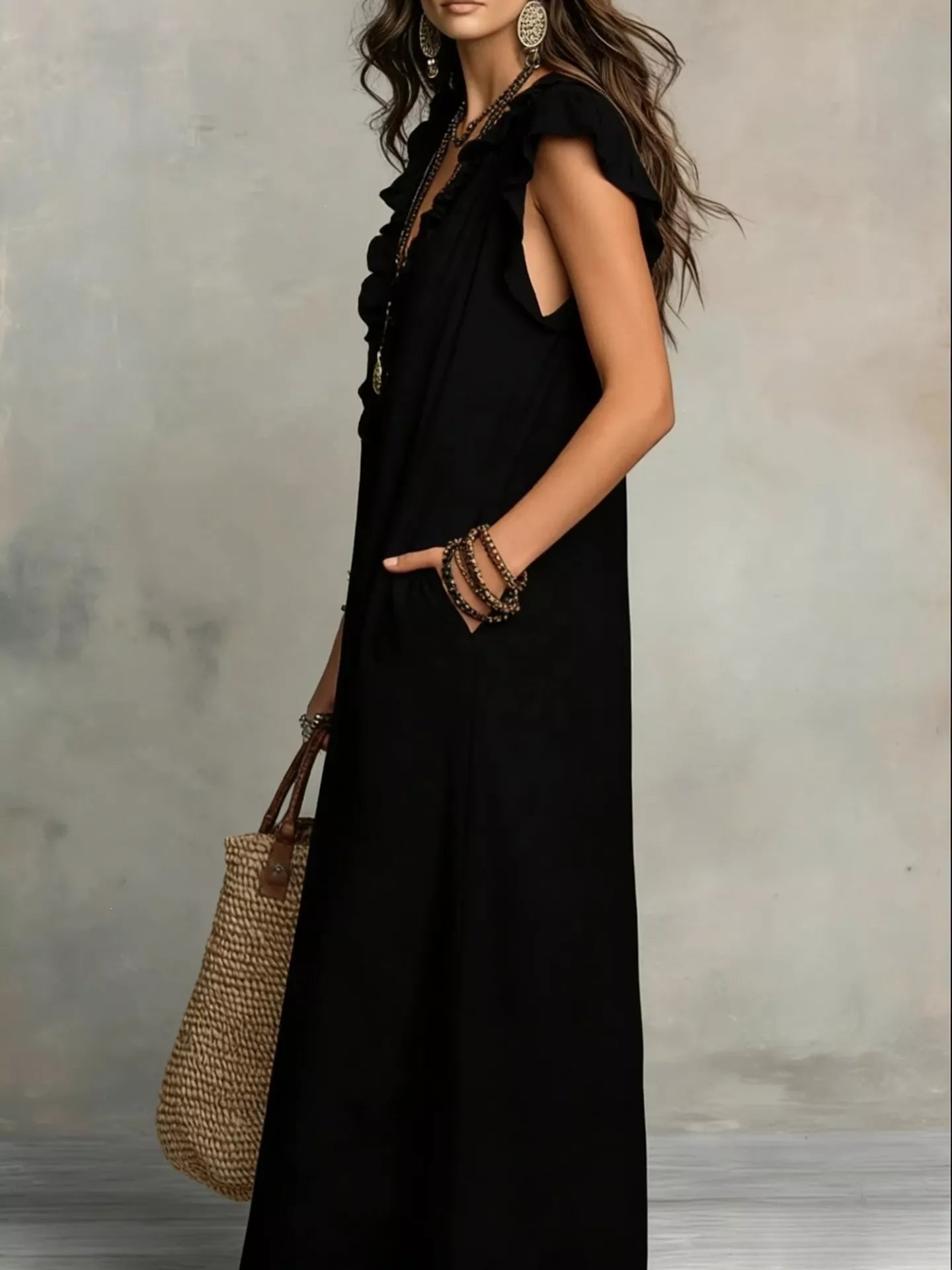 Full Size Ruffled V-Neck Cap Sleeve Maxi Dress Plus Size - Dresses