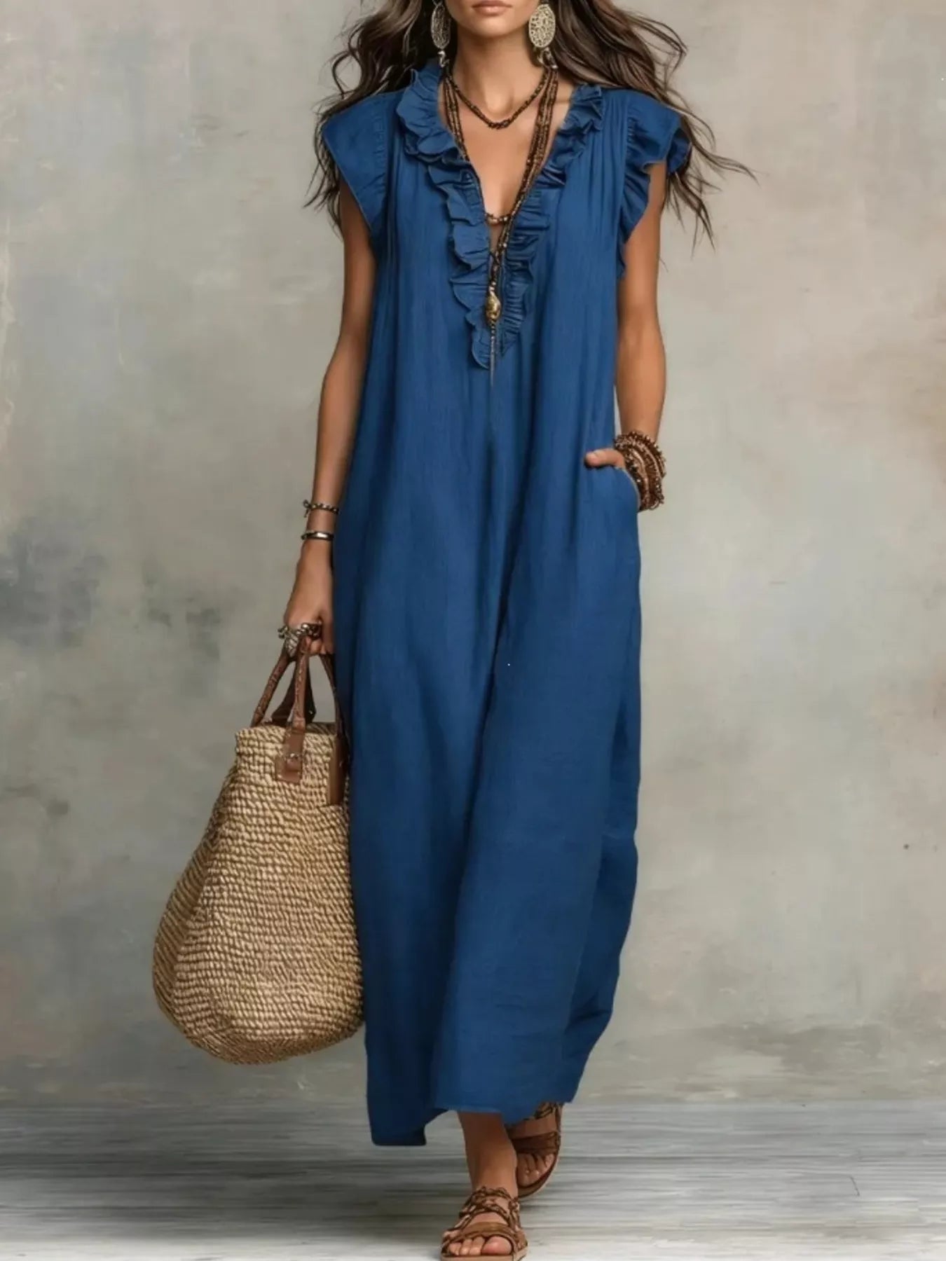 Full Size Ruffled V-Neck Cap Sleeve Maxi Dress Plus Size Blue - Dresses