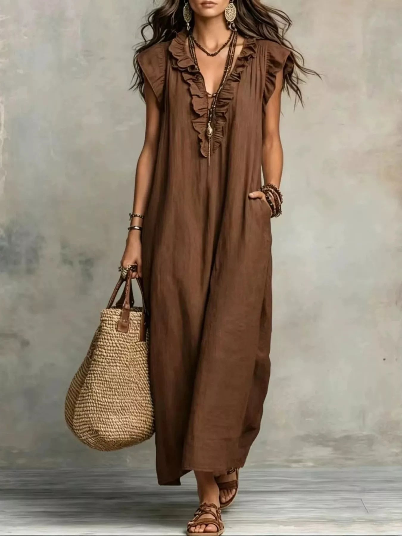 Full Size Ruffled V-Neck Cap Sleeve Maxi Dress Plus Size Brown - Dresses