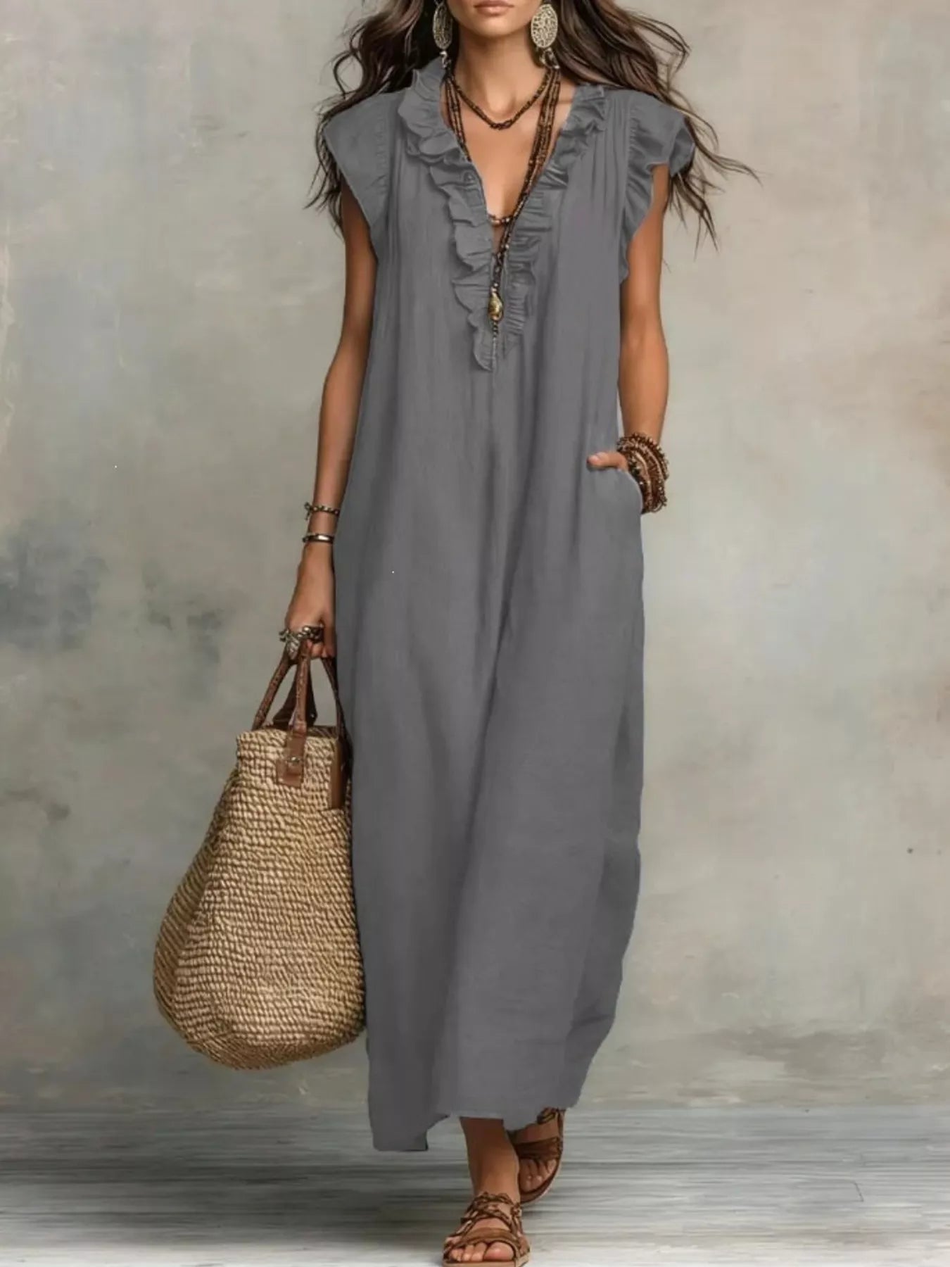 Full Size Ruffled V-Neck Cap Sleeve Maxi Dress Plus Size Gray - Dresses