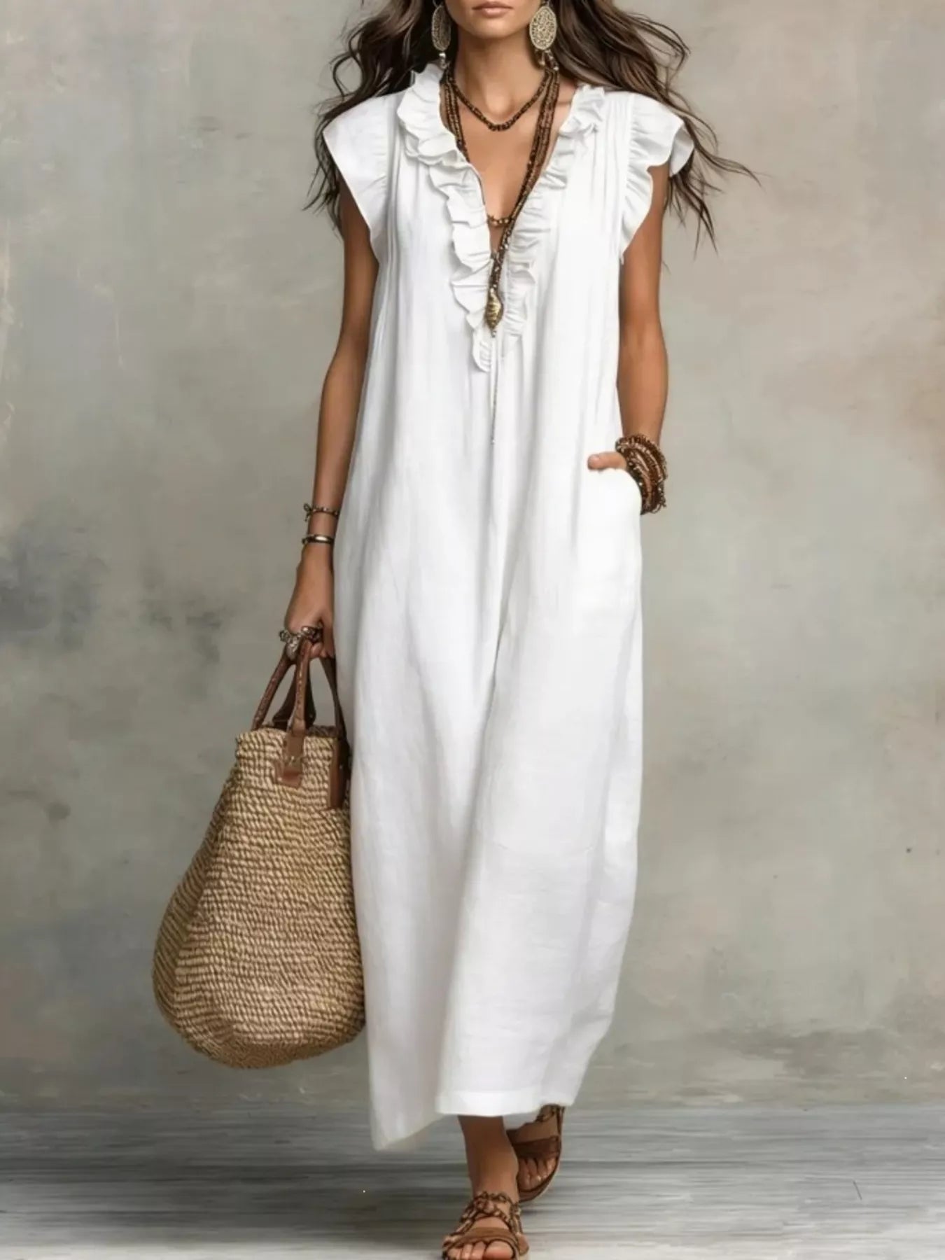 Full Size Ruffled V-Neck Cap Sleeve Maxi Dress Plus Size White - Dresses