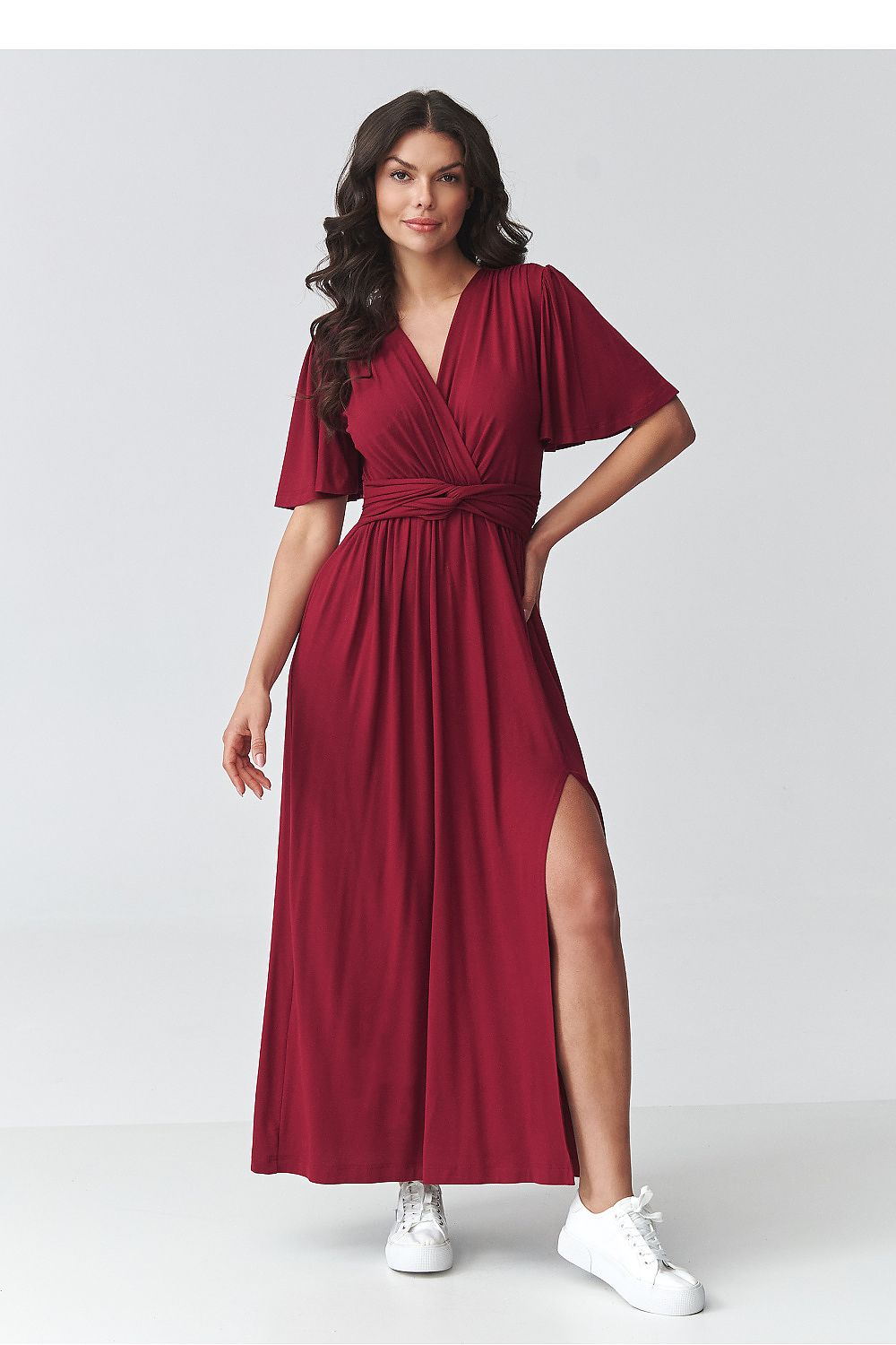 Burgundy Makadamia maxi dress with a wrap design and side slit for elegant styling
