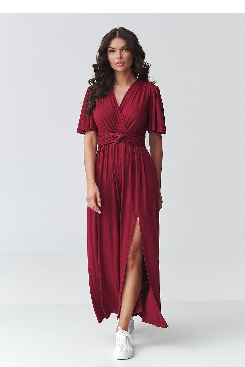 Makadamia Burgundy Maxi Dress with Pleated Bodice and Side Slit for Elegant Styling