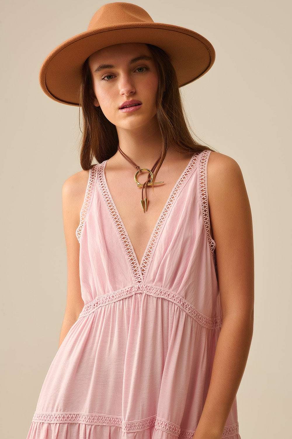 Pink Boho Maxi Dress with Lace Details - Dresses