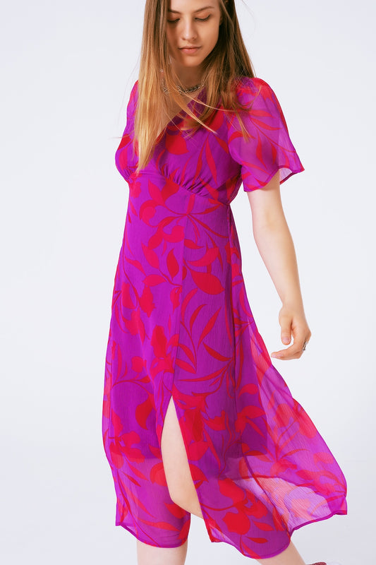 Floral Chiffon V-Neck Maxi Dress with Short Sleeves - Dresses
